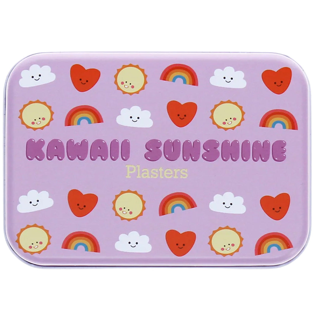 De bovenkant van het paarse Rex London Kawaii Sunshine pleisterblikje met zonnetjes, wolken, harten en regenbogen.