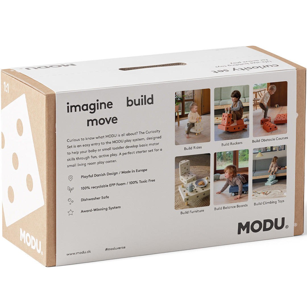 De achterkant van de modu Curiosity Set verpakking met voorbeelden van bouwsels.