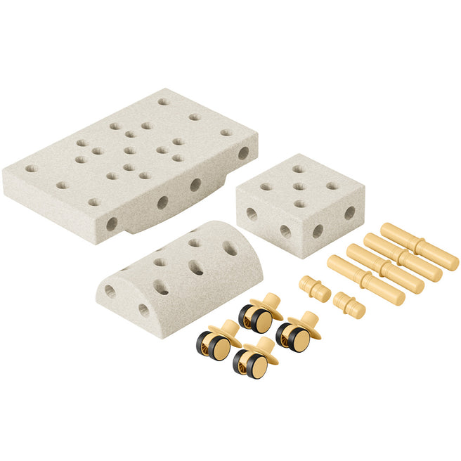 modu bouwset curiosity met beige schuimrubberen bouwblokken, plastic pinnen en wielen.