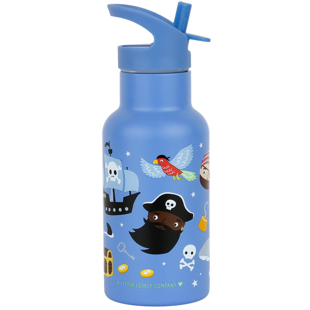 A Little Lovely Company blauwe kinderdrinkfles met piratenfiguren.