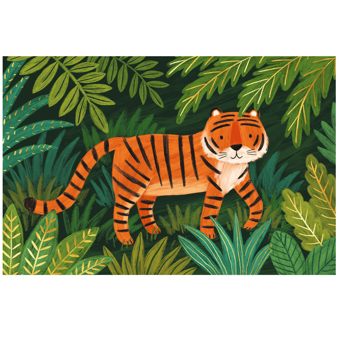 Een close-up van een uitnodigingskaart met een illustratie van een tijger in de jungle.