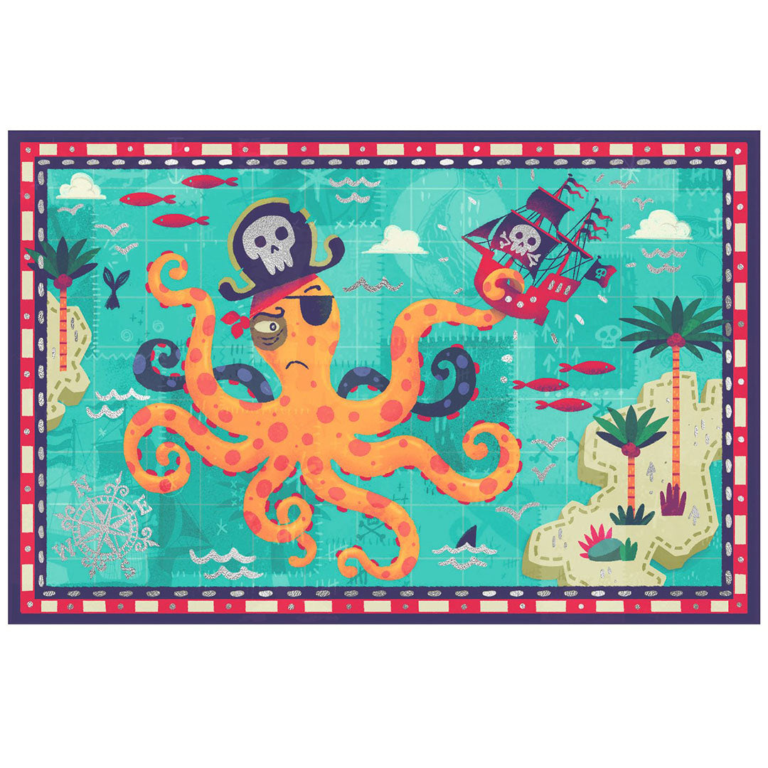 Detail van een piraten verjaardagsuitnodiging met een octopus en een schip.