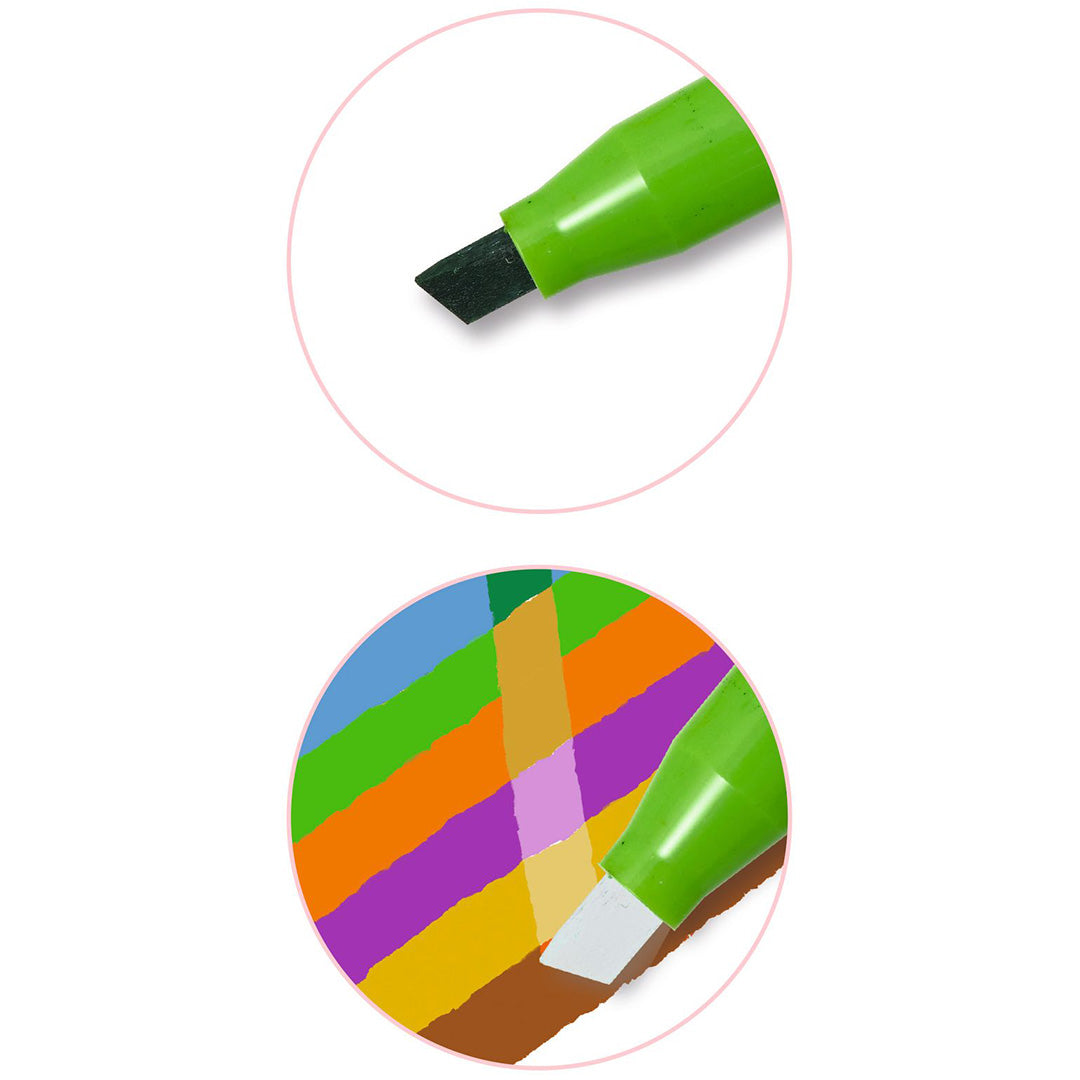 Detail van een groene magische viltstift die een witte lijn trekt over kleurrijke strepen.