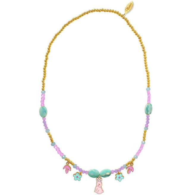 Djeco kinderketting met veelkleurige kralen en hangers van een konijn, bloemen en bladeren.