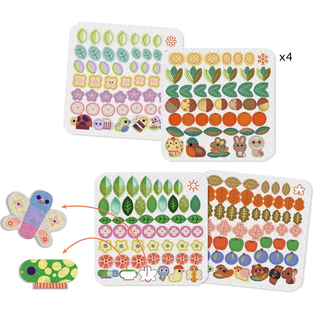 Detail van de Djeco hobbyset met vellen vol voorgesneden vilten vormen zoals bladeren, bloemen en dieren.