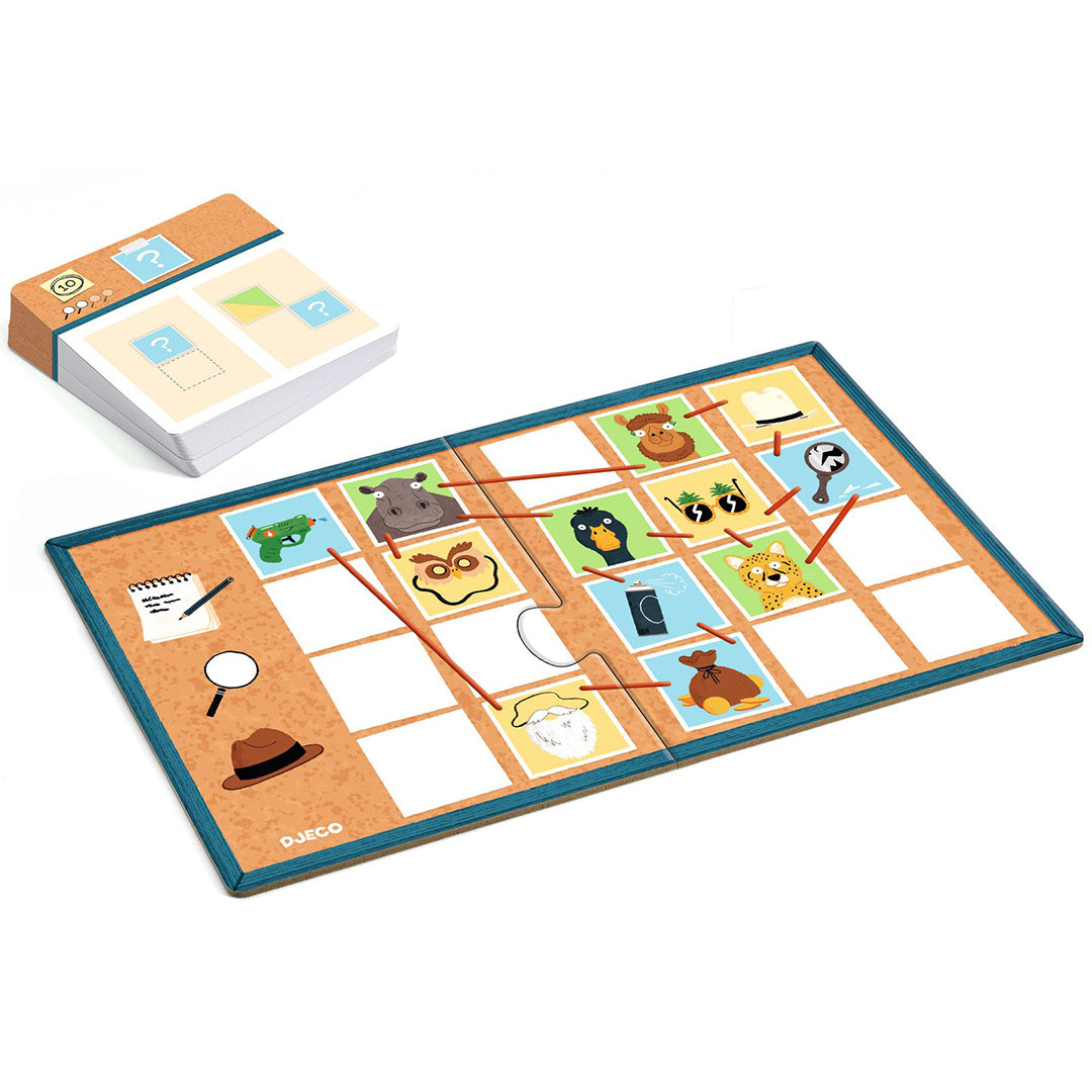 Djeco Sologic Detective puzzelspel met het speelbord vol dieren en objecten, en een stapel uitdagingenkaarten.