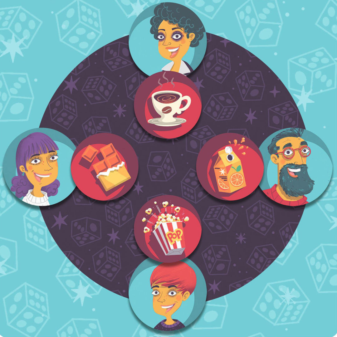 Bordspel infographic met ronde tokens van mensen en voorwerpen zoals koffie, chocolade en popcorn.