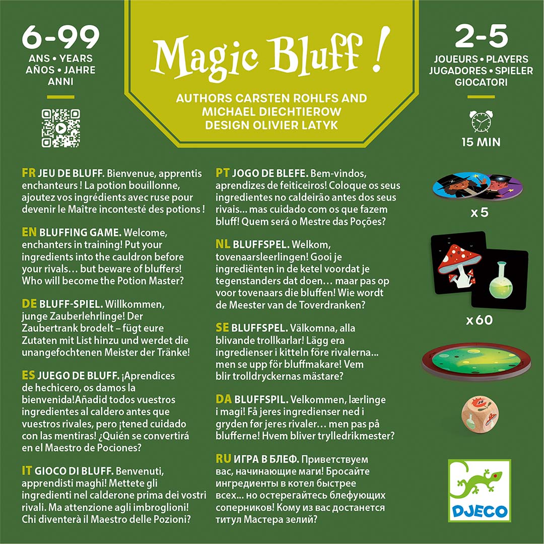 Infographic van het Djeco Magic Bluff! spel met speldetails en beschrijvingen in meerdere talen.