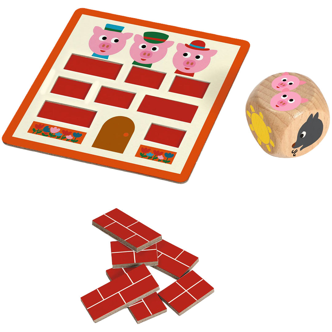 Detail van het Toc Toc Bricks dobbelspel met speelbord, houten dobbelsteen en rode baksteen-tokens.