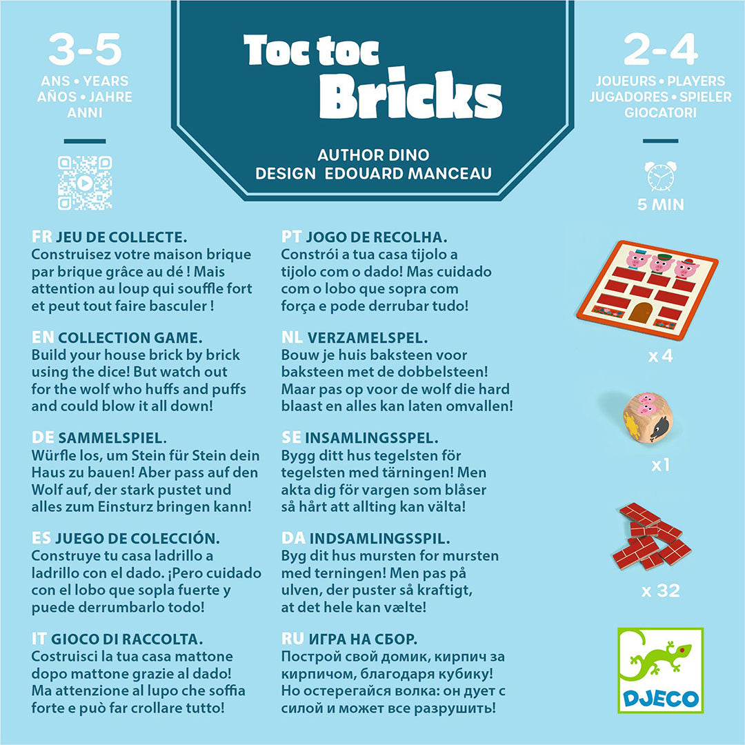 Djeco dobbelspel Toc Toc Bricks infographic met spelregels en componenten in meerdere talen.
