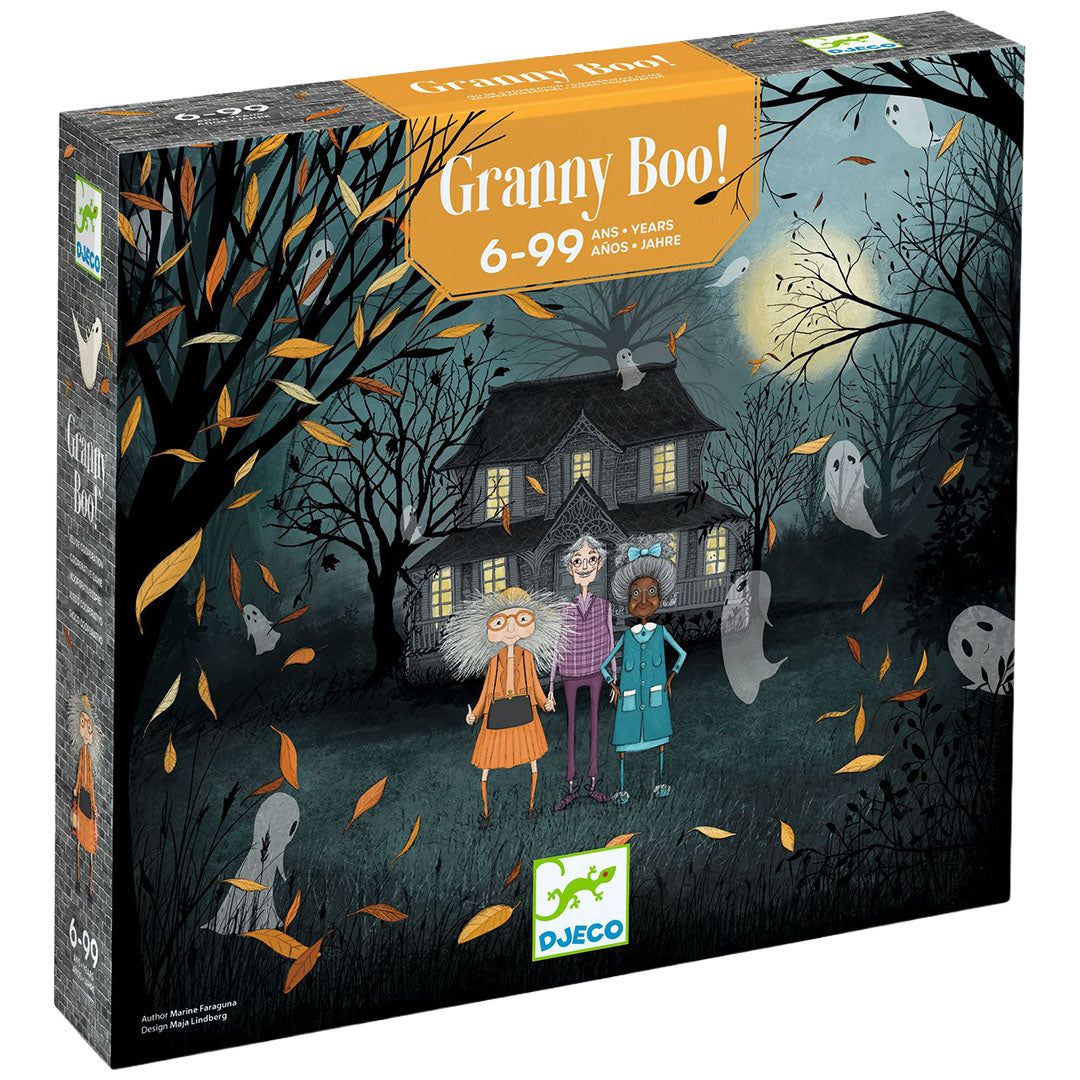 Djeco Granny Boo! bordspelverpakking met illustratie van een spookhuis en spoken.