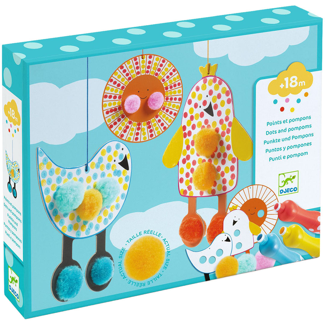 De Djeco knutselset 'Points et Pompons' voor peuters, met vogels en een zon versierd met pompoms, afgebeeld op de verpakking.