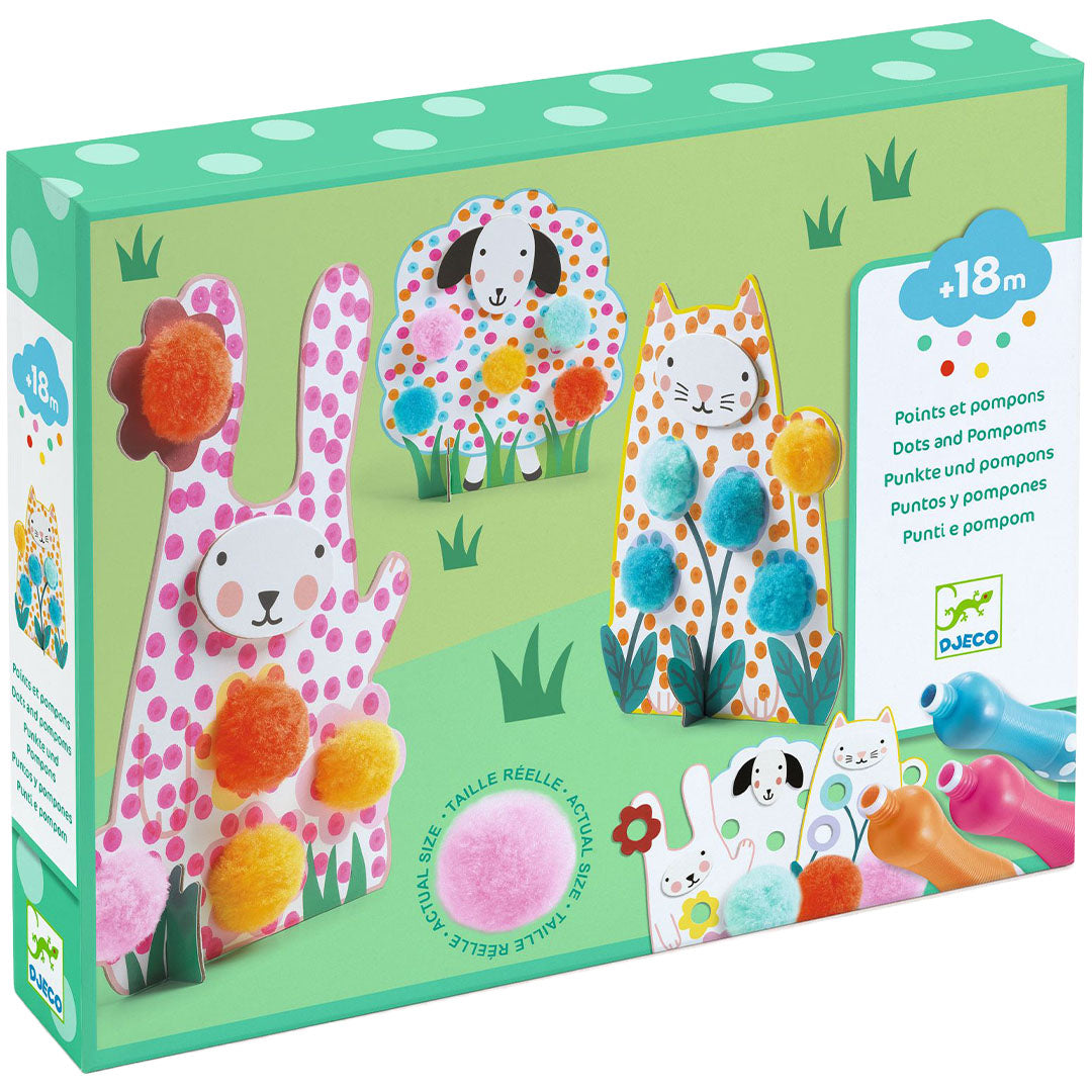 Djeco knutselset verpakking met afbeelding van een konijn, kat en schaap versierd met kleurrijke pompoms.