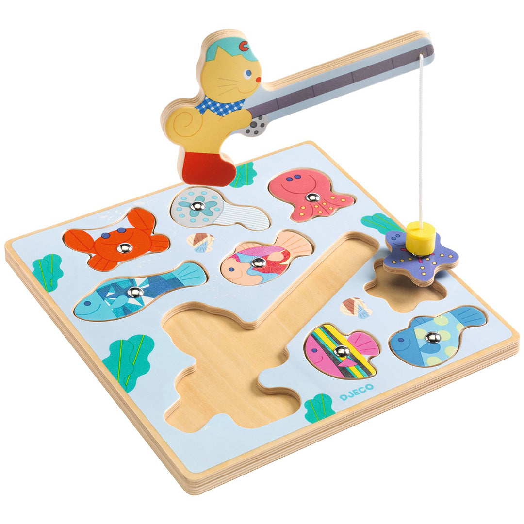 Djeco Puzz & Fish Bariolo houten puzzel met magnetische visjes en een kattenhengel.