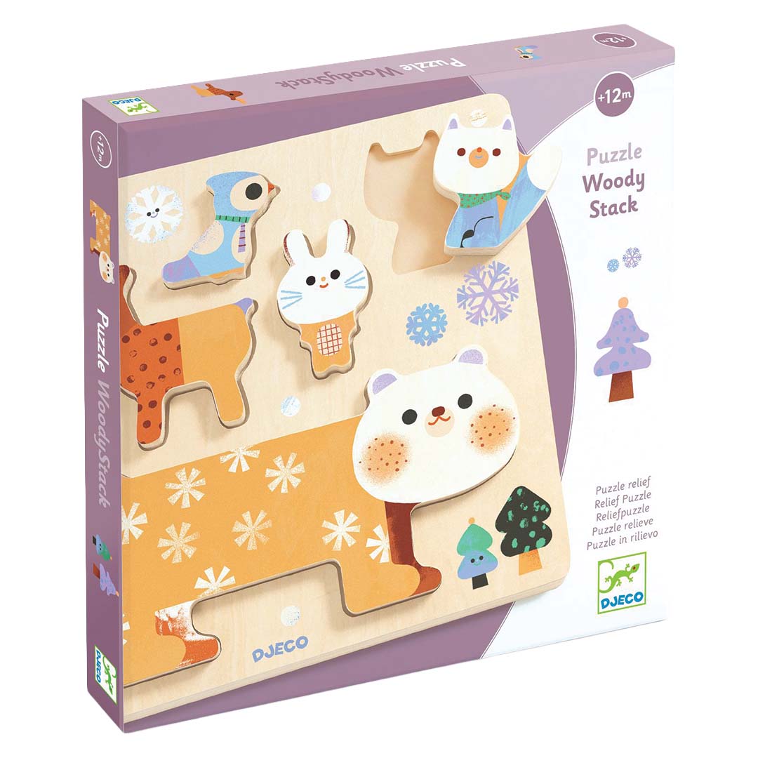 De verpakking van de Djeco houten puzzel Woody Stack met winterdieren.