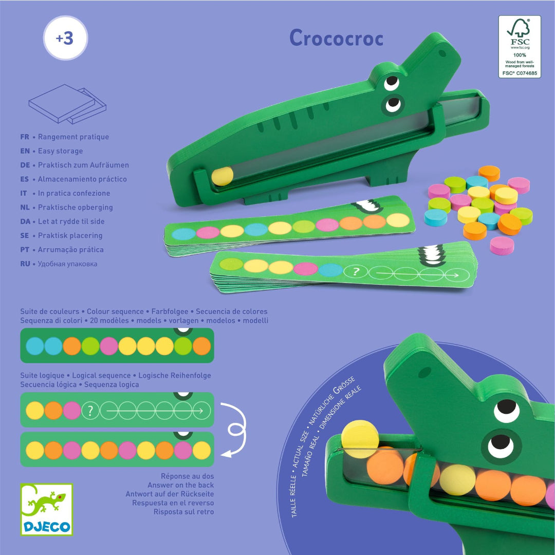 Een infographic van het Djeco Crococroc geheugenspel met uitleg over de spelonderdelen en spelwijzen in meerdere talen.