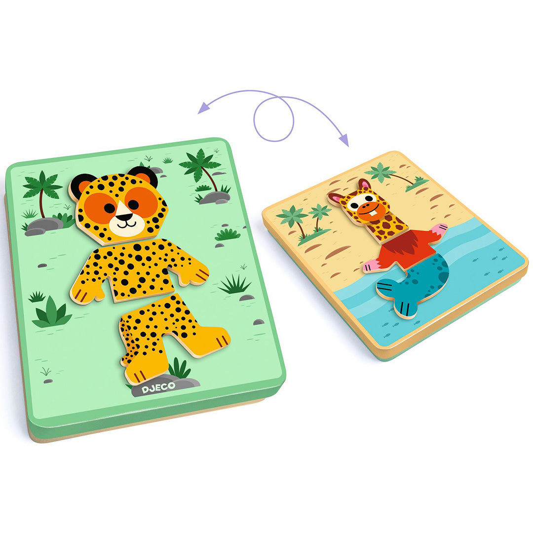 Twee Djeco magnetische speelborden, één met een luipaard en één met een gemengd dierfiguur op een strandachtergrond.