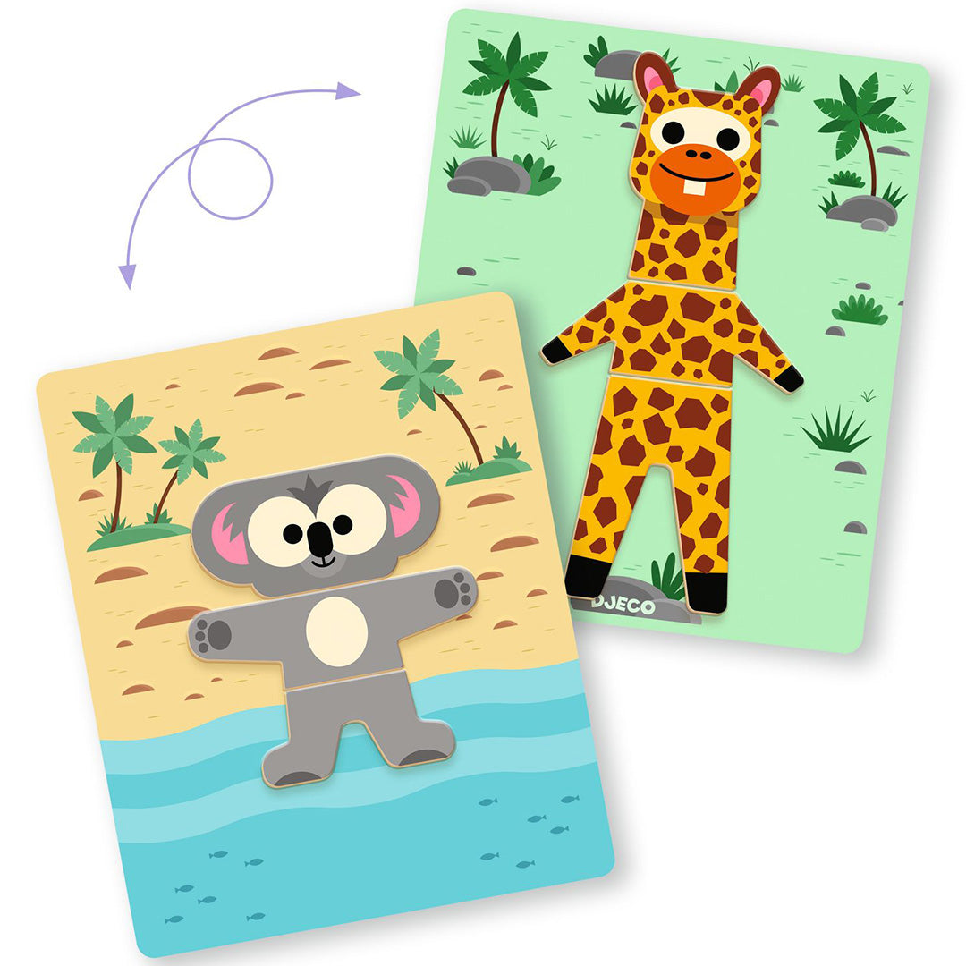 Twee Djeco magnetische speelborden, één met een koala op een strand en één met een giraffe op een groene achtergrond.