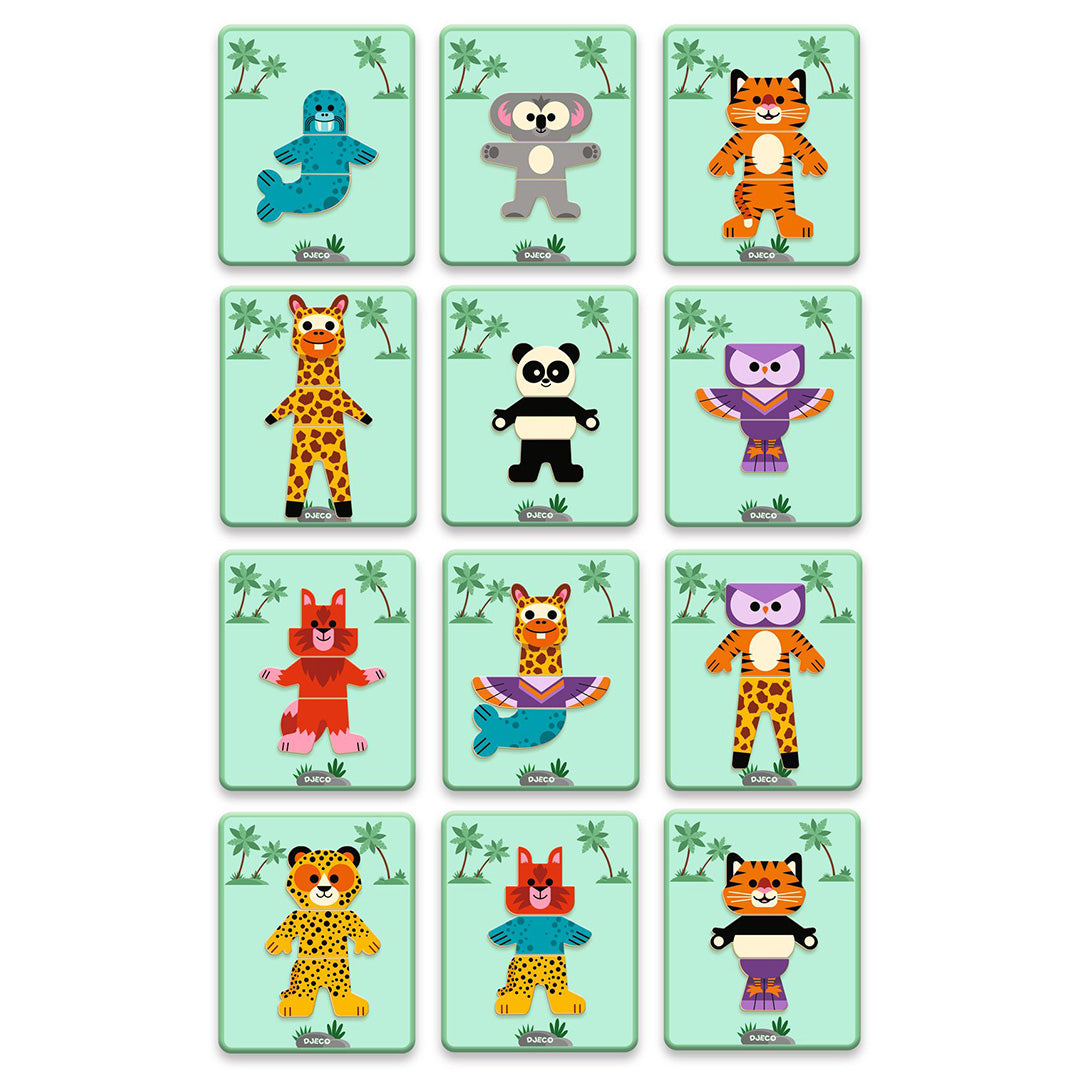 Twaalf verschillende Djeco magnetische dierfiguren, waaronder een koala, tijger en giraffe, op groene speelborden.