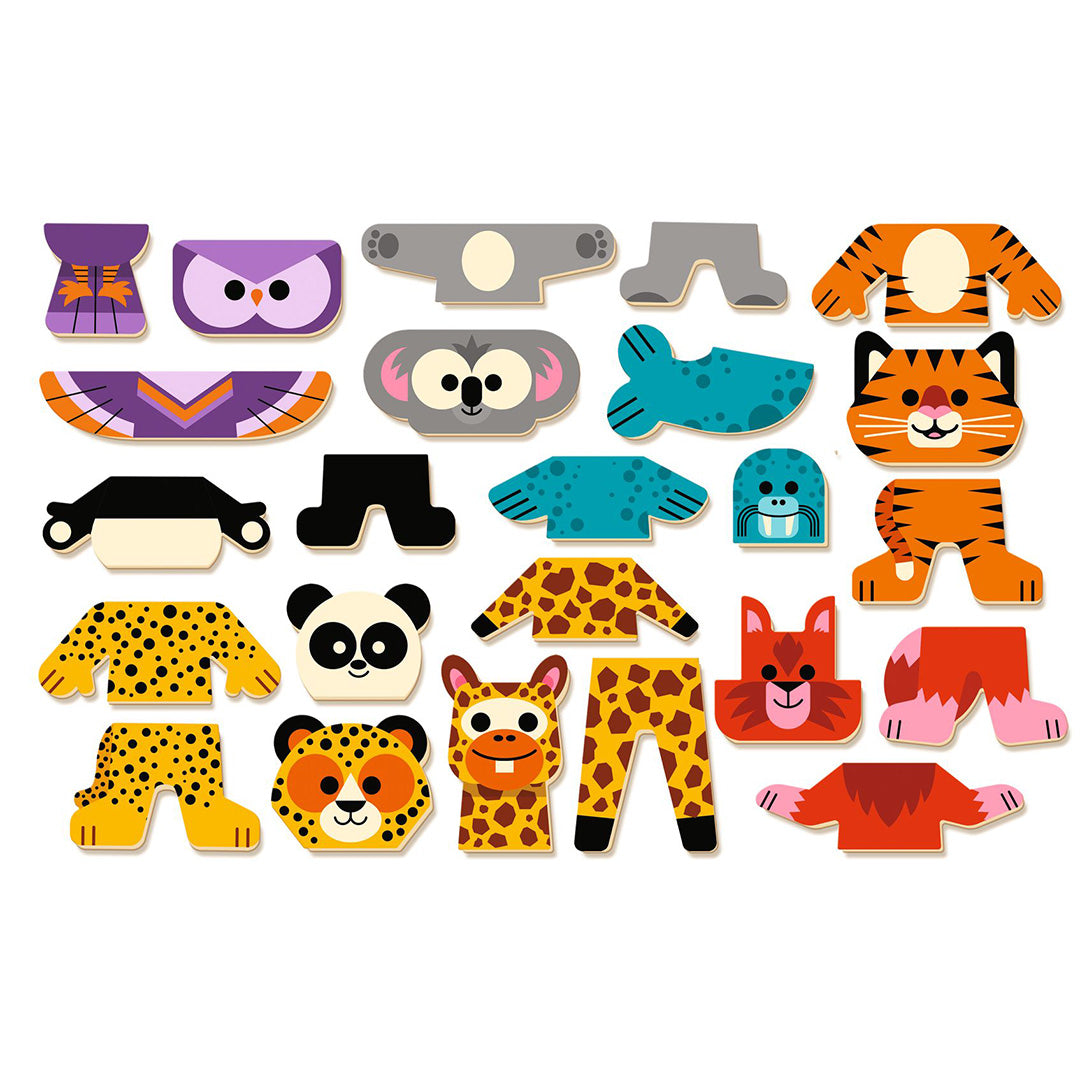 Een collectie van alle losse magnetische onderdelen voor de Djeco dierfiguren, waaronder hoofden, lichamen en benen.