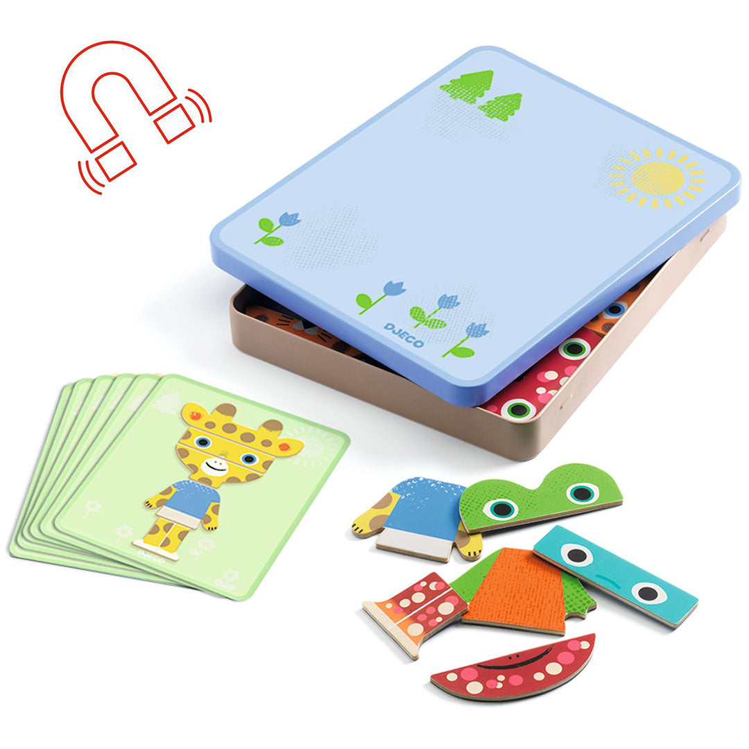 Djeco Inzebox Mix-Animals magnetisch speelgoed met de open doos, losse dieronderdelen en voorbeeldkaarten.