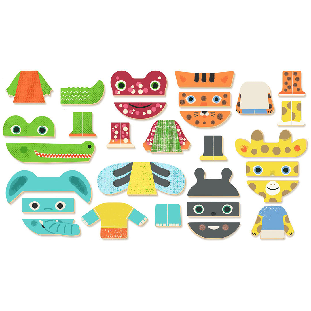 Een overzicht van alle losse magnetische dieronderdelen van de Inzebox Mix-Animals set.