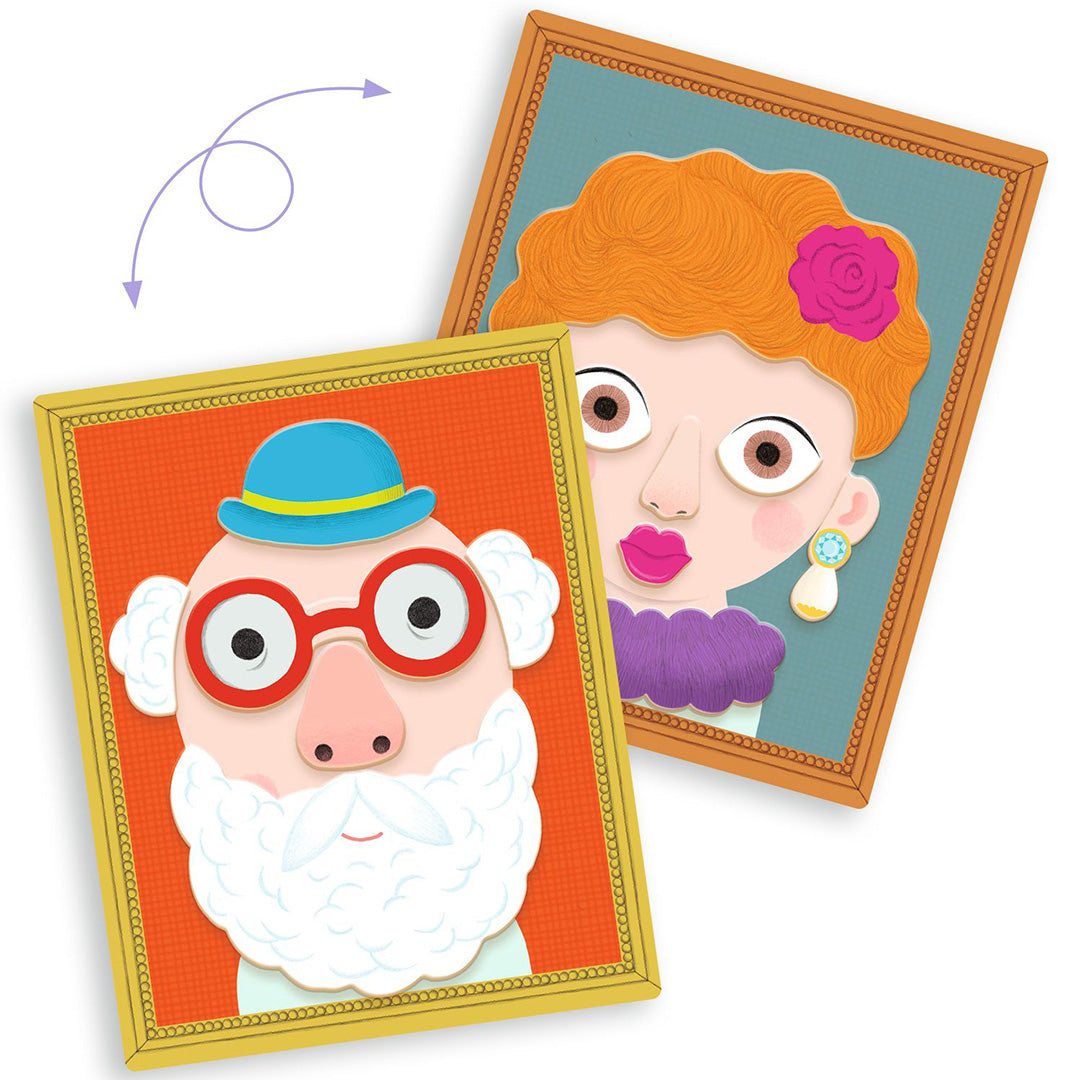 Twee voltooide magnetische portretten van een man met baard en een vrouw met oranje haar van de Djeco Inzebox Portraits set.