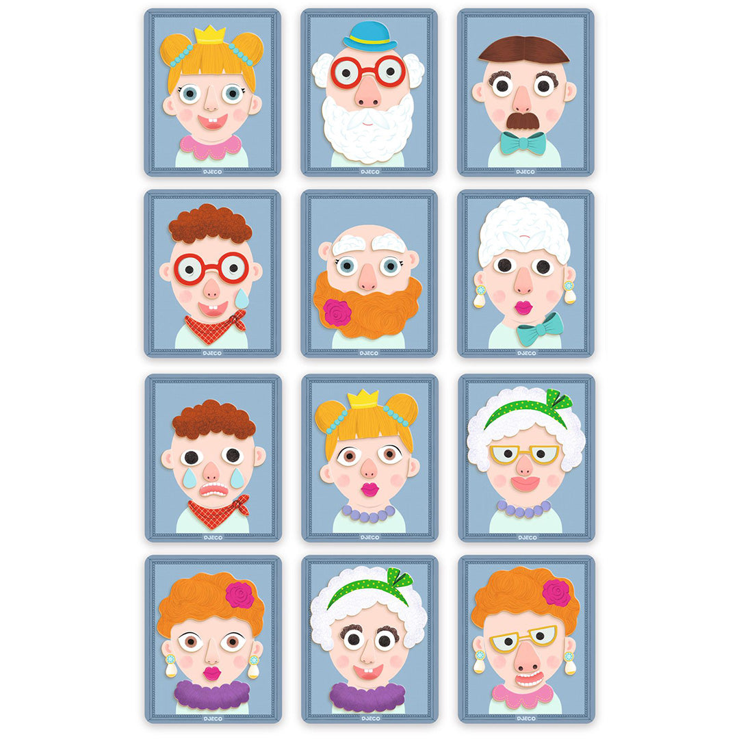 Een collectie van twaalf verschillende magnetische portretten met diverse gezichtsuitdrukkingen en accessoires, gemaakt met de Djeco Inzebox Portraits set.