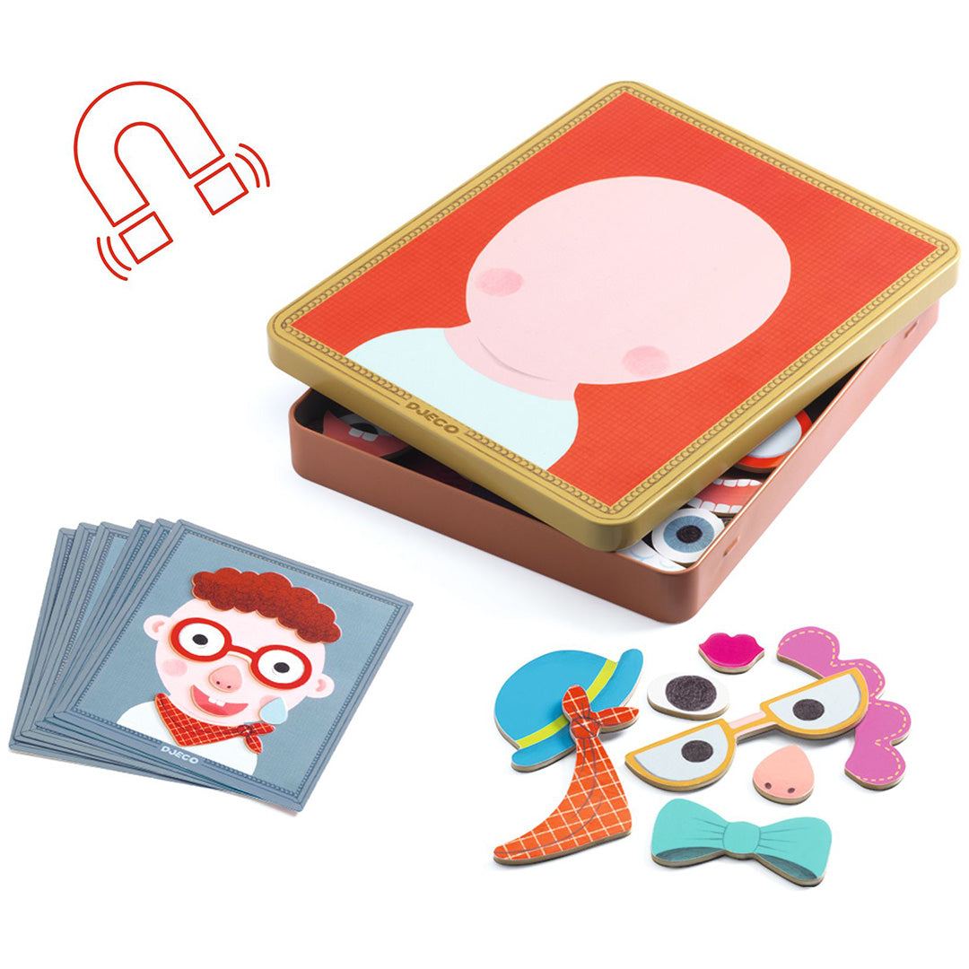 Djeco magneetset Inzebox Portraits met de open doos, losse magnetische gezichtsdelen en voorbeeldkaarten.