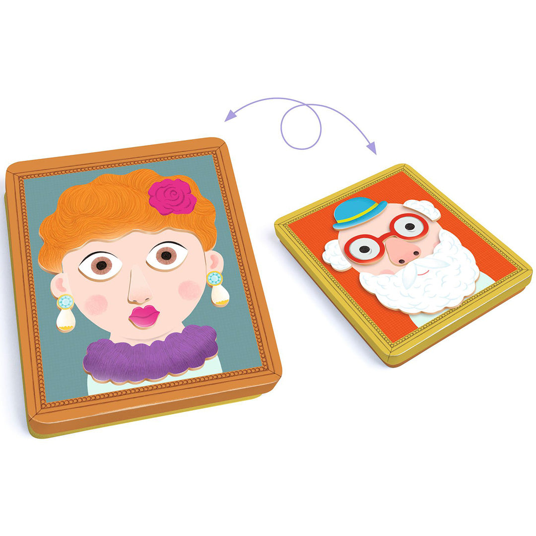 Twee magnetische portretten van een vrouw en een man, gemaakt met de Djeco Inzebox Portraits set.
