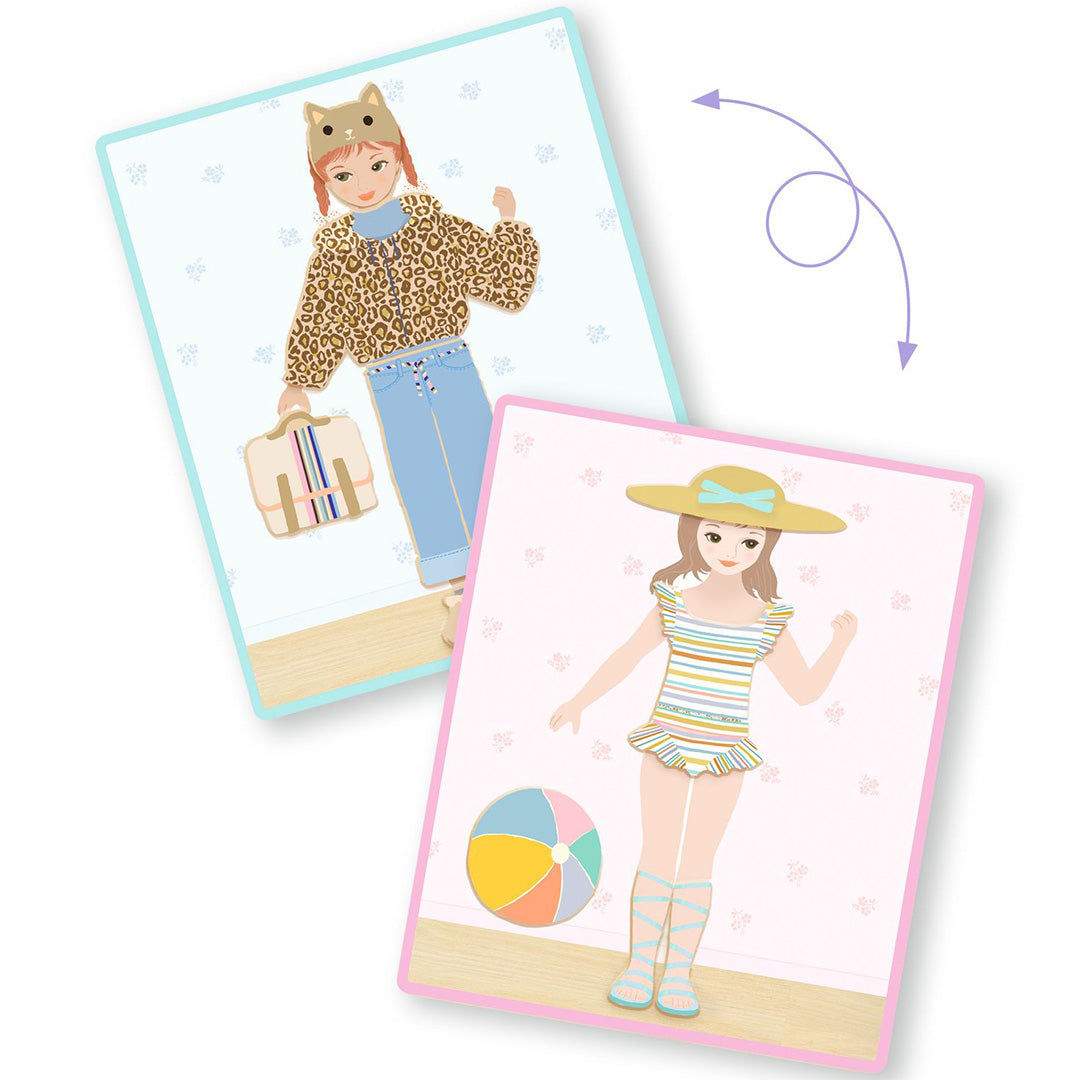 Twee magnetische aankleedpoppen met verschillende outfits, waaronder een winter- en zomerlook.
