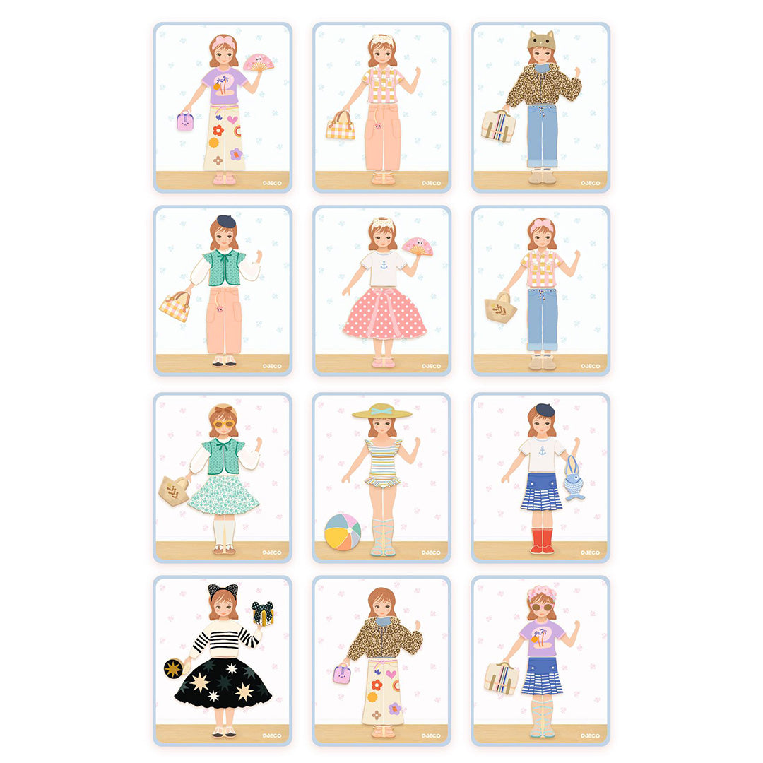 Twaalf voorbeelden van outfits gemaakt met de Djeco magneetset inzebox dressing.