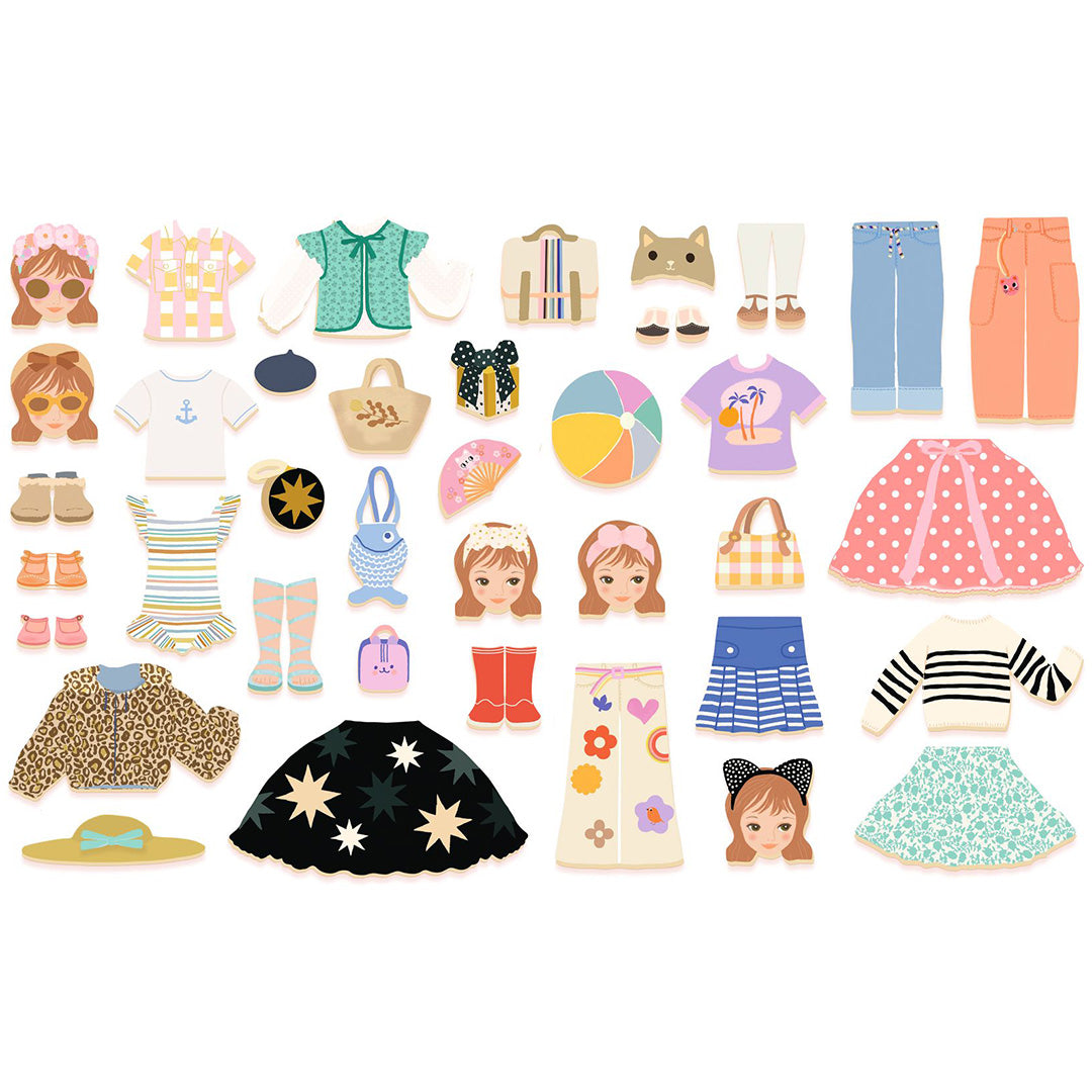 Alle losse magnetische kledingstukken en accessoires van de Djeco magneetset inzebox dressing.