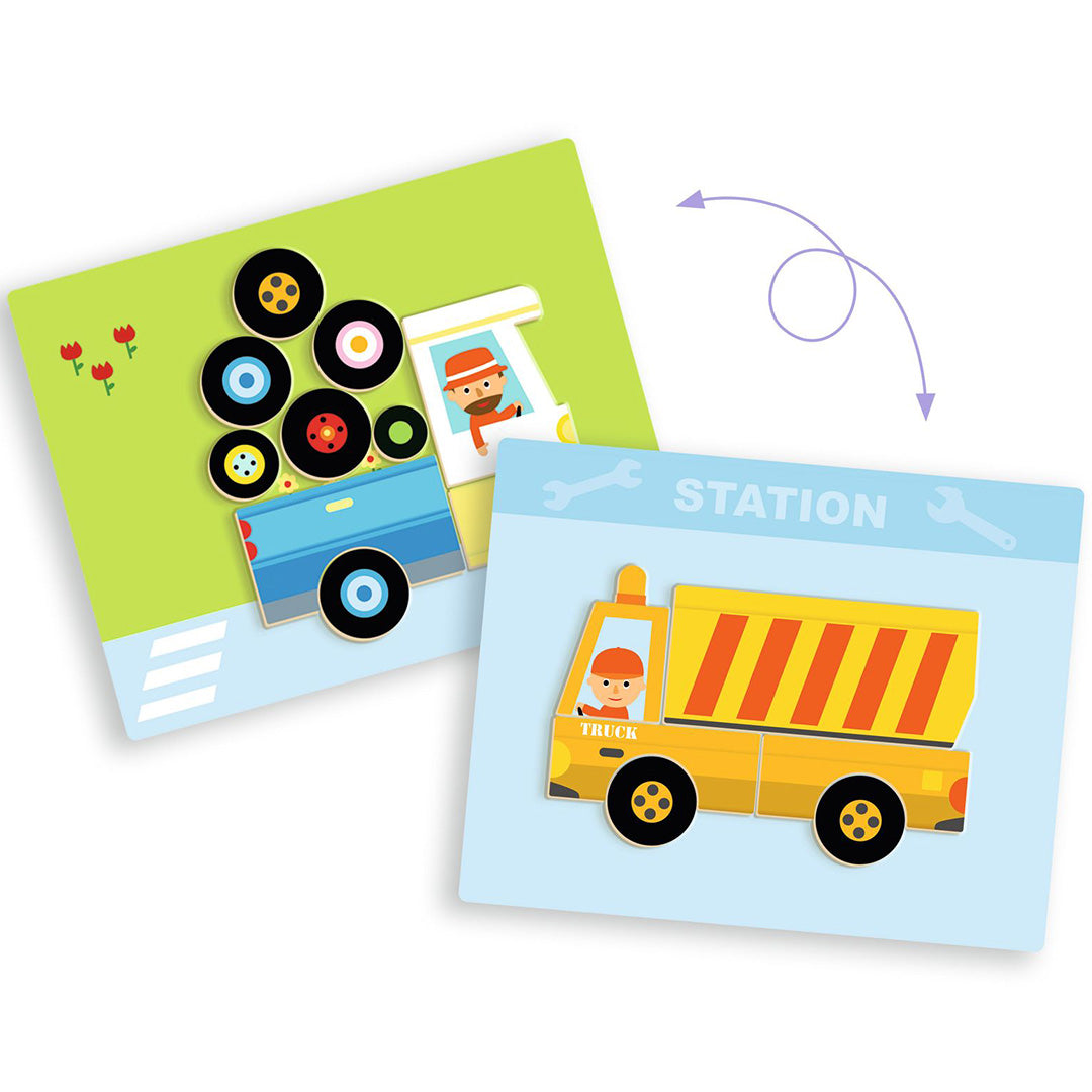 Twee magnetische speelborden met een blauwe pick-up truck en een gele kiepwagen van de Djeco Inzebox Vehicles set.