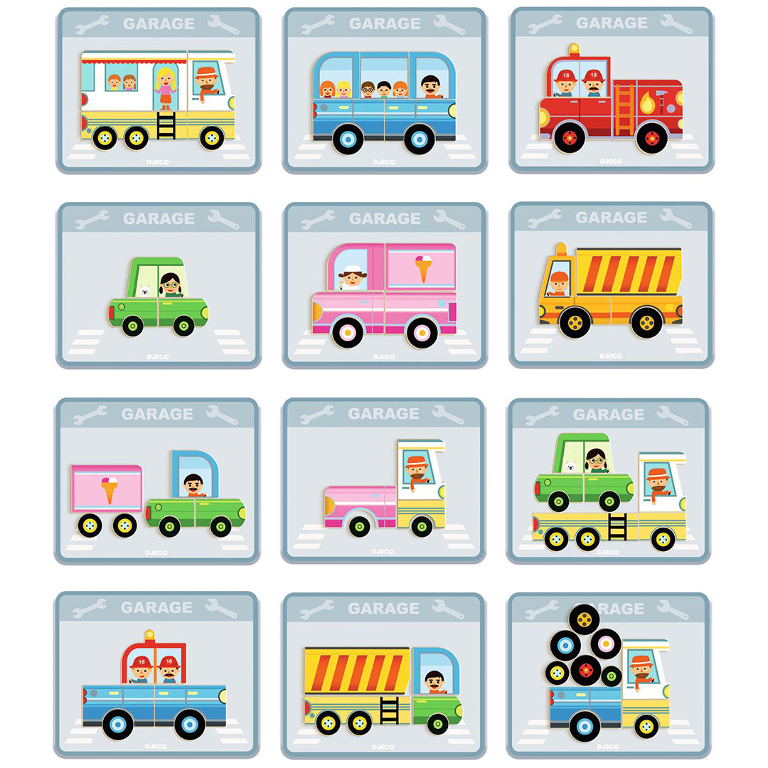 Twaalf voorbeeldkaarten van de Djeco Inzebox Vehicles magnetische set, met verschillende voertuigontwerpen.
