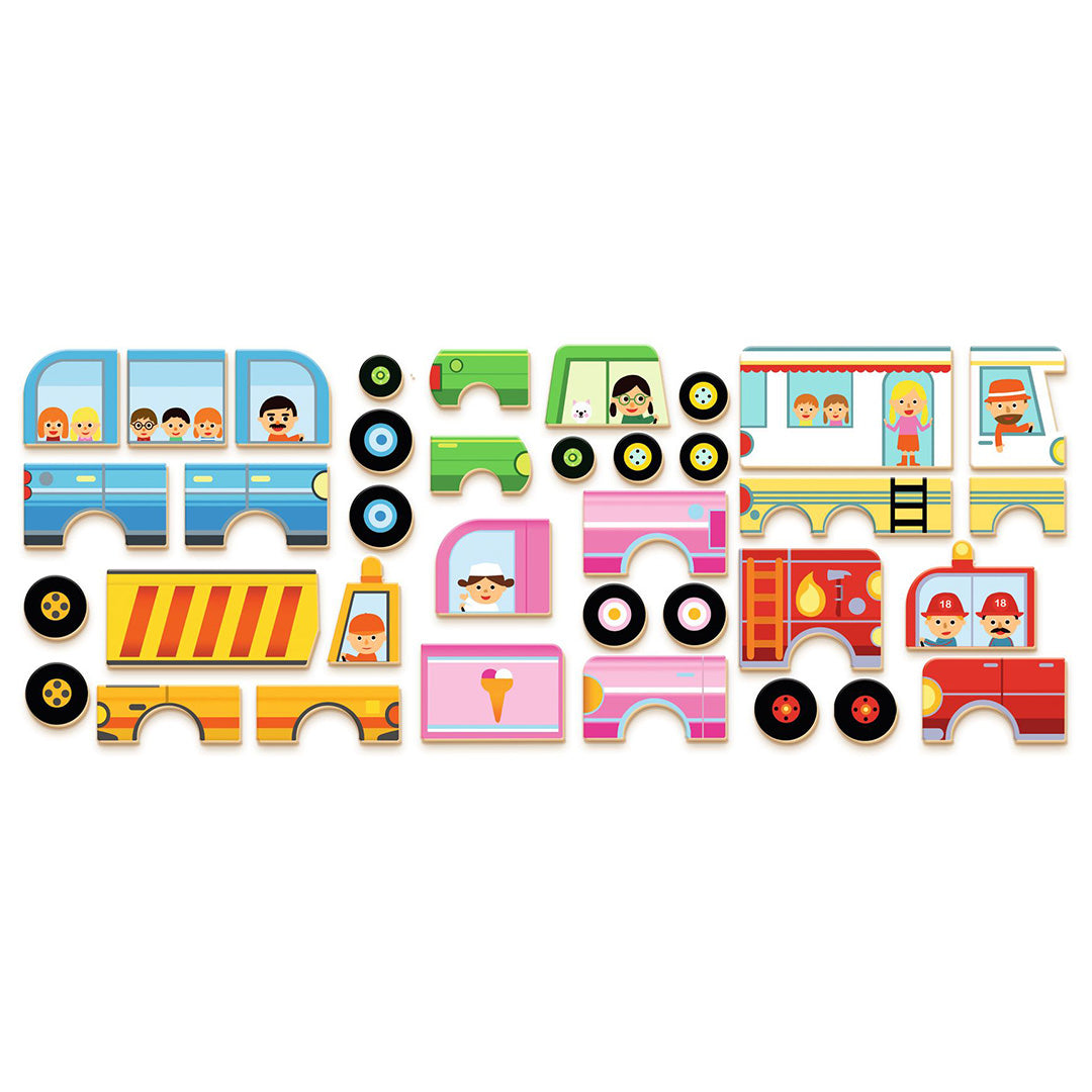Alle losse magnetische onderdelen van de Djeco Inzebox Vehicles set, waaronder wielen, carrosserieën en passagiers.