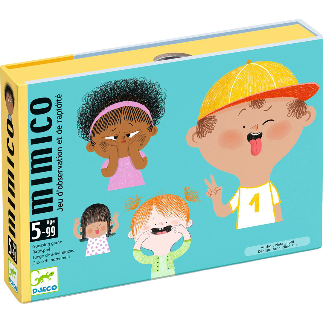 De verpakking van het Djeco Mimico kaartspel met illustraties van kinderen die gekke gezichten trekken.