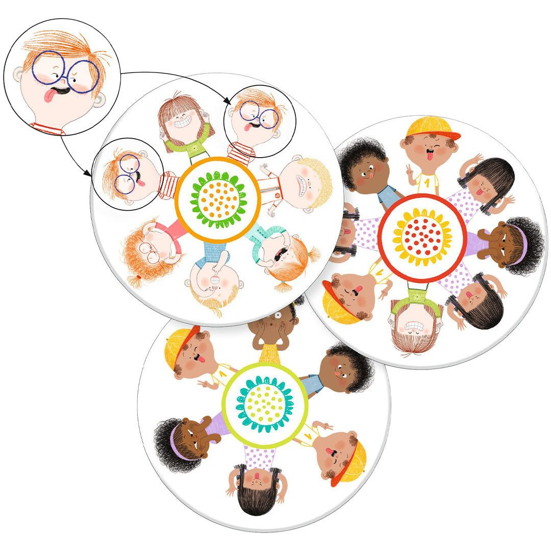Drie ronde Djeco Mimico spelkaarten met illustraties van kinderen die verschillende gezichtsuitdrukkingen maken.