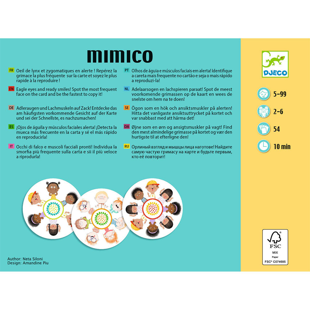 De achterkant van de Djeco Mimico kaartspelverpakking met spelinstructies in meerdere talen en productinformatie.