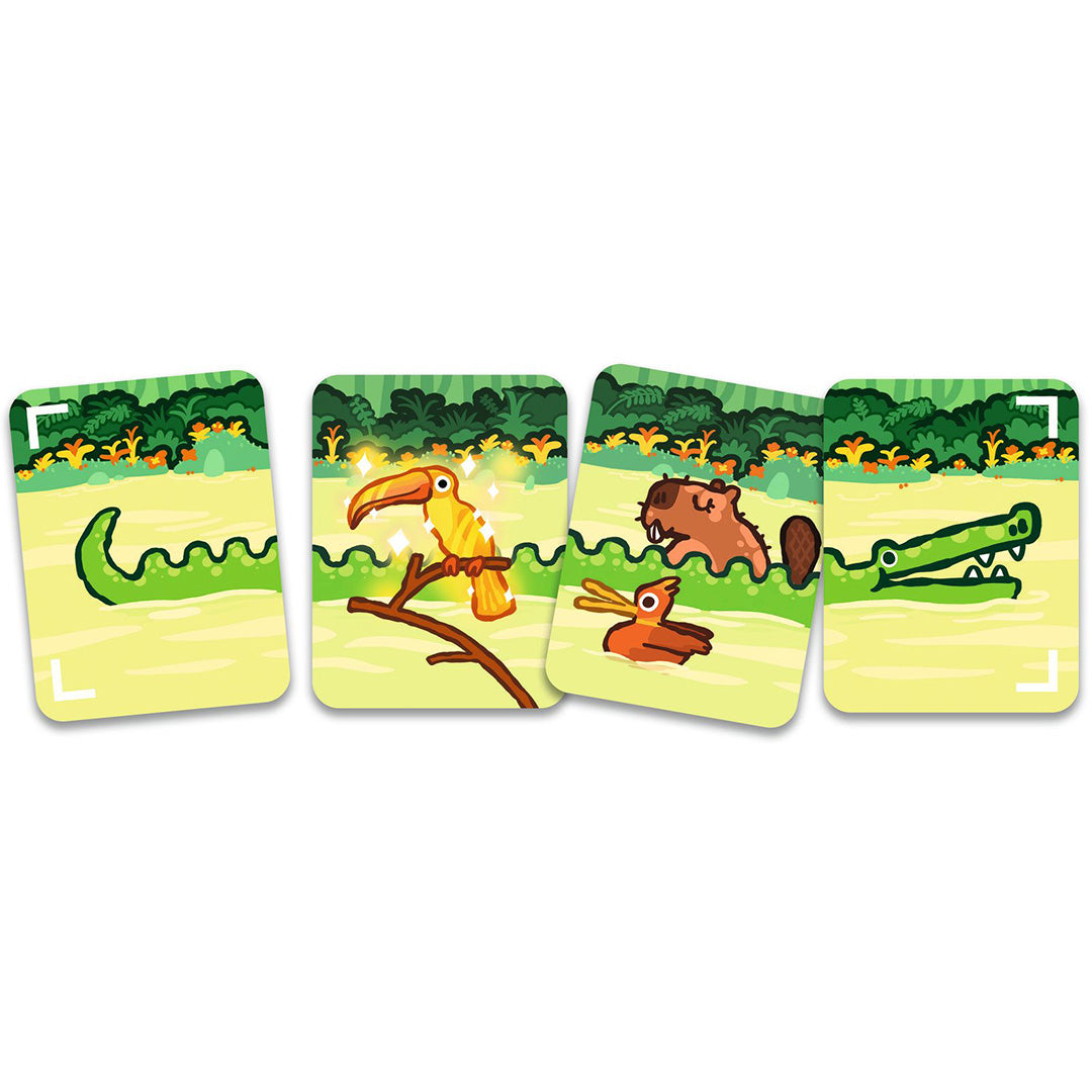 Vier Djeco Safari Croco spelkaarten met daarop delen van dieren zoals een krokodil, toekan en capibara.