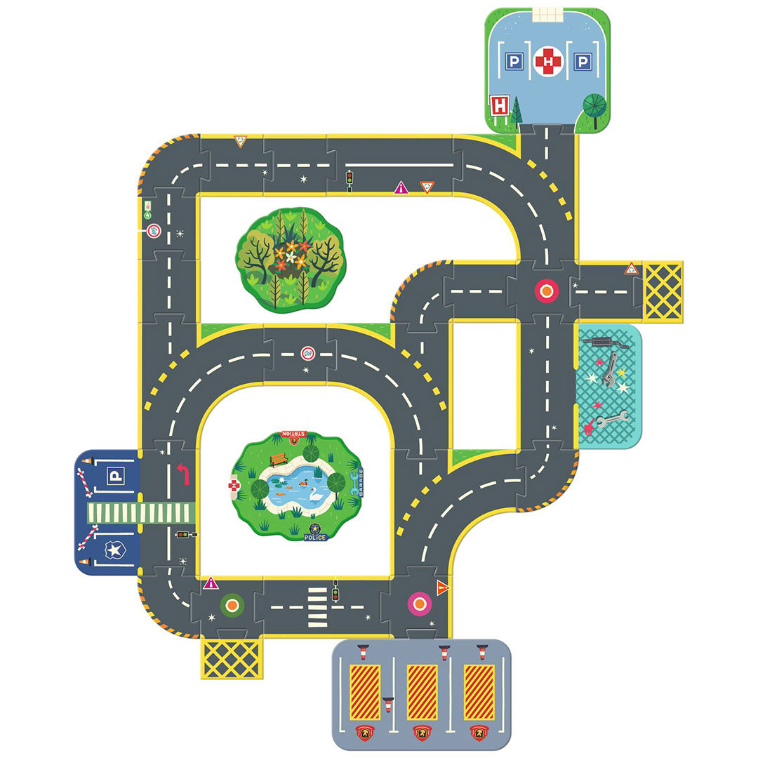 Bovenaanzicht van de vloerpuzzel, een derde configuratie van het stadswegennet.