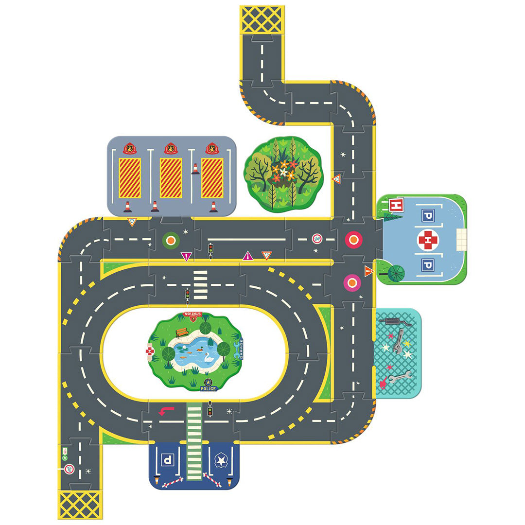 Bovenaanzicht van de vloerpuzzel, een vierde configuratie van het stadswegennet.