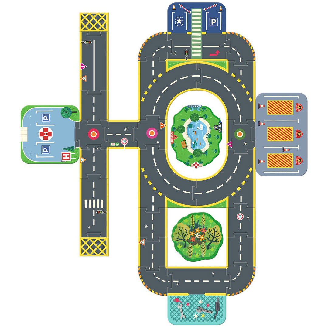 Bovenaanzicht van de vloerpuzzel, een stadswegennet met een park, ziekenhuis en brandweerkazerne.