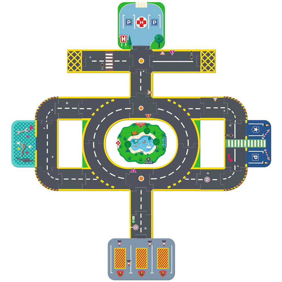 Bovenaanzicht van de vloerpuzzel, een alternatieve stadswegenlay-out met een centraal park.