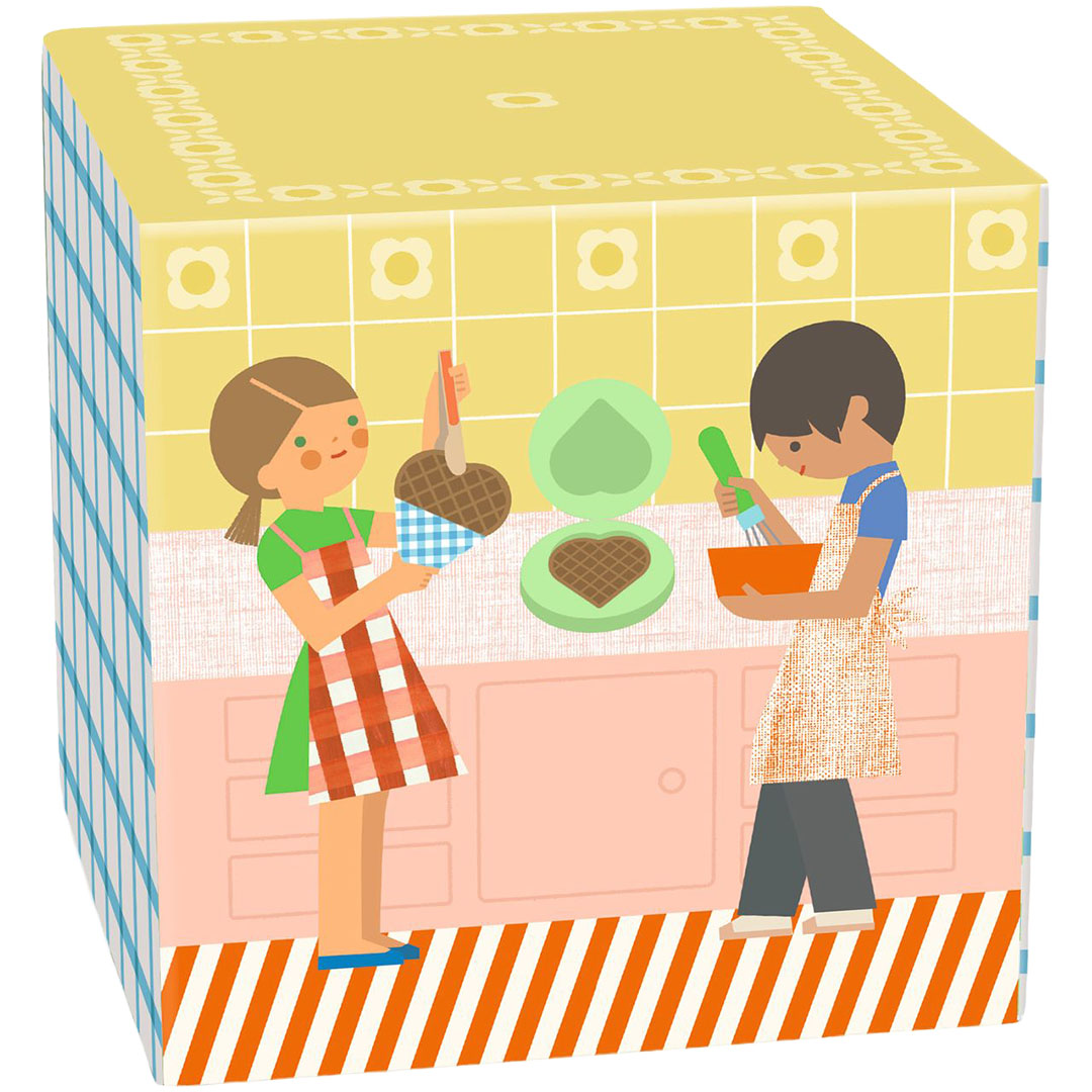 Verpakking van het speelgoed wafelijzer met illustratie van kinderen die wafels bakken.