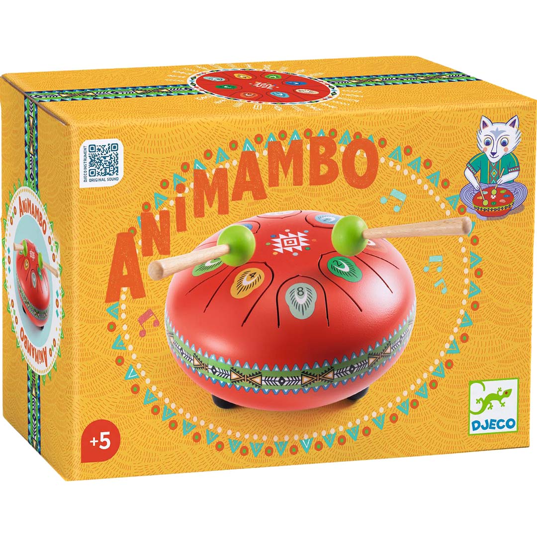 De verpakking van de Djeco Animambo rode tongtrommel met etnische patronen.