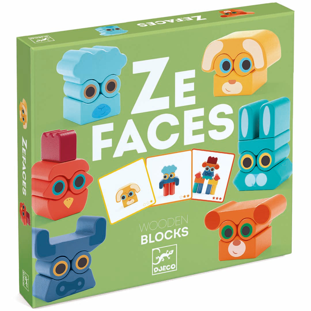 Djeco Ze Faces houten blokken spelverpakking met diverse dieren gezichten.