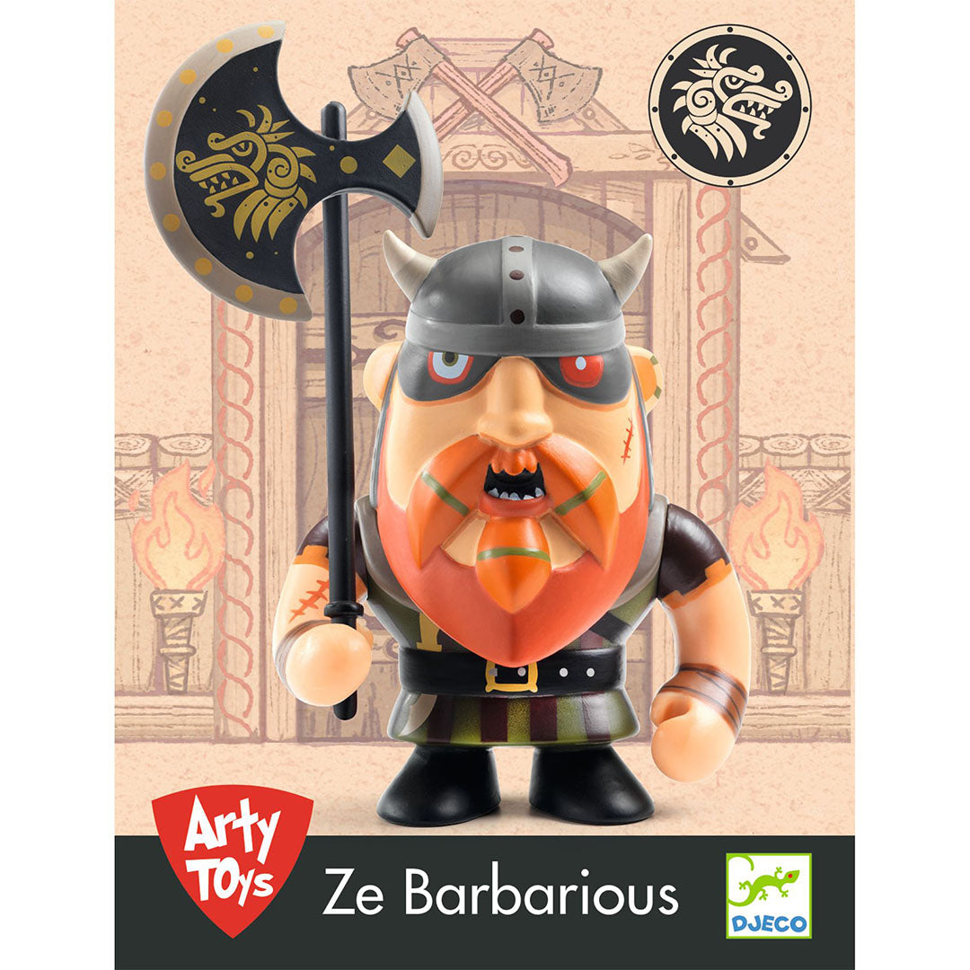 Djeco Arty Toys actiefiguur van een barbaar met bijl, staand voor een geïllustreerde vikingpoort.