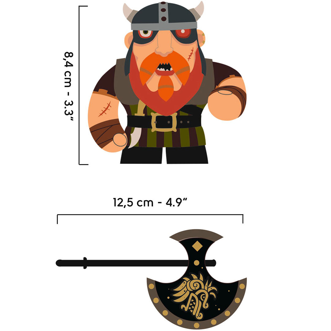 Infographic met de afmetingen van de Djeco Arty Toys barbaar actiefiguur en zijn bijl.