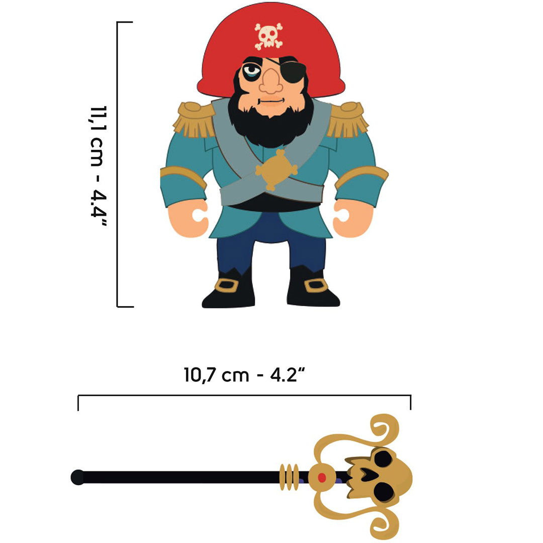 Infographic met de afmetingen van de piraten actiefiguur en zijn staf.